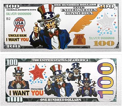 4pc/Set Uncle Sam, I Want You Silvery Banknote, 100 Dollar Plastic Money Collectibles Commemorative Bills Gifts