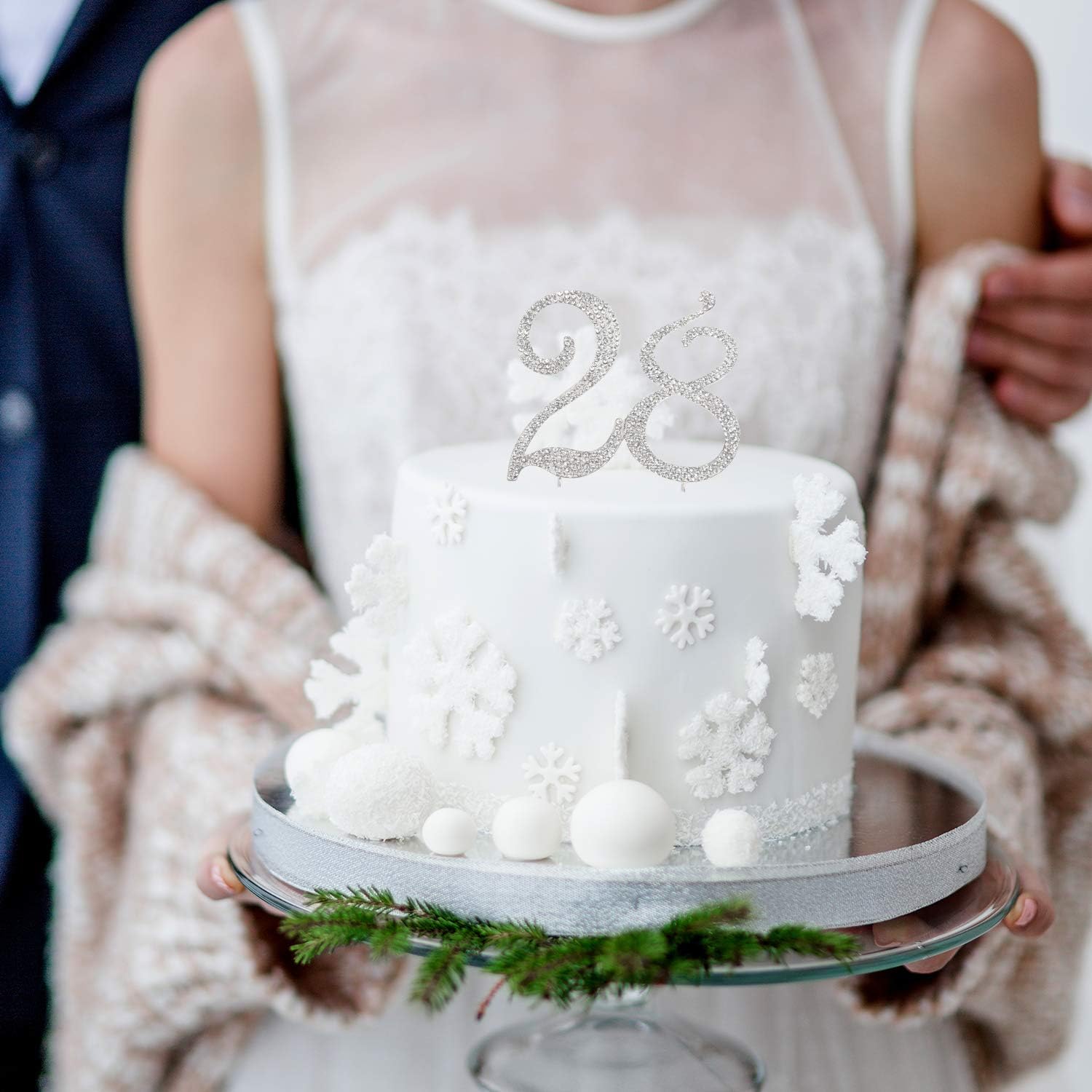 LINGPAR 28 Years Birthday Cake Topper - New Best Crystal Rhinestone 28th Wedding Anniversary Or 28 Years Old Cake Topper Party Decoration Silver