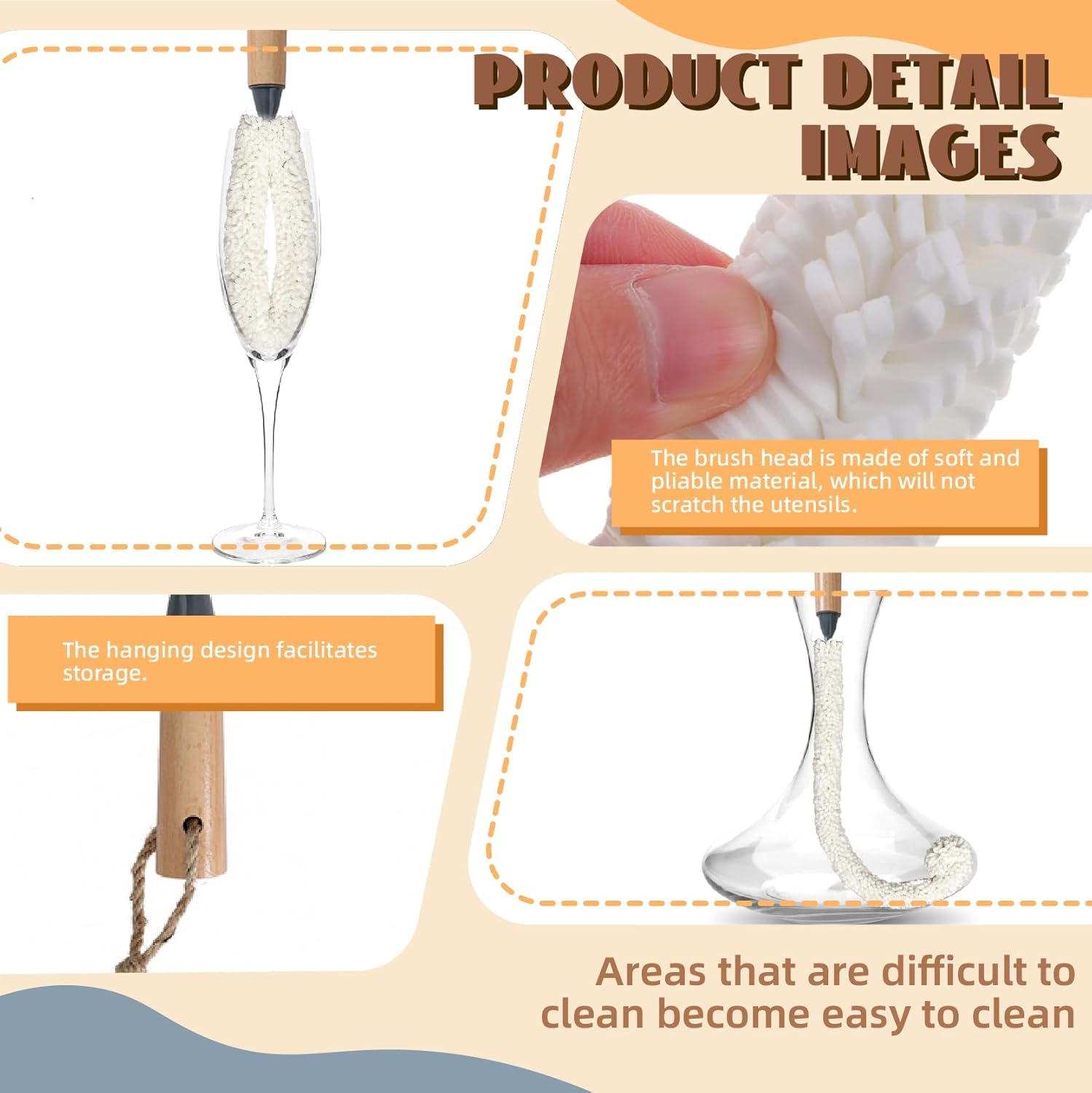 3 Pcs Cleaning Bottle Brush Set, Decanter Cleaning Brush, Multifunctional Household Cleaning Brush Tool, Wood Handle Bottle Brush, for Washing Multiple cup types