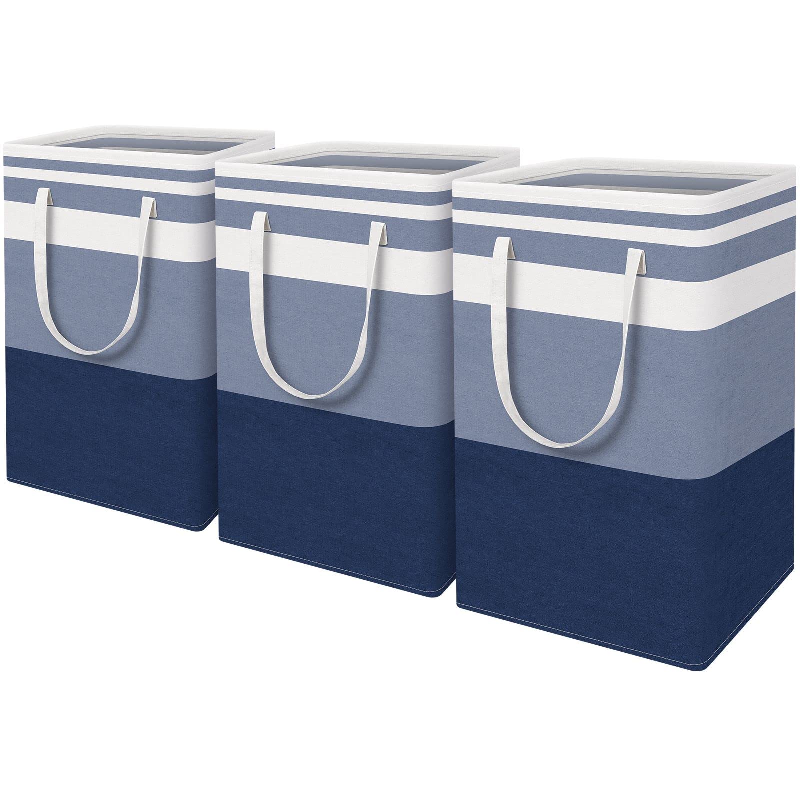 3-Pack Large Laundry Basket, Collapsible Laundry Hamper, Freestanding Waterproof Laundry Bag, Tall Clothes Hamper-Extended&Reinforced Handles-for College Dorm, Family-Gradient Blue/75L
