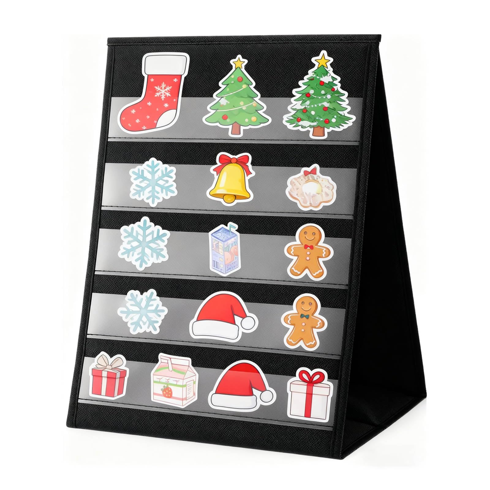 ZHENGMAI 1 Pack Black Portable Sticker Display Stand, No Assembly Required Sticker Holder Display for Classroom, Vendor, Small Business Supplier Events, Foldable Sticker Stand (5 Layers and 2 Sides)