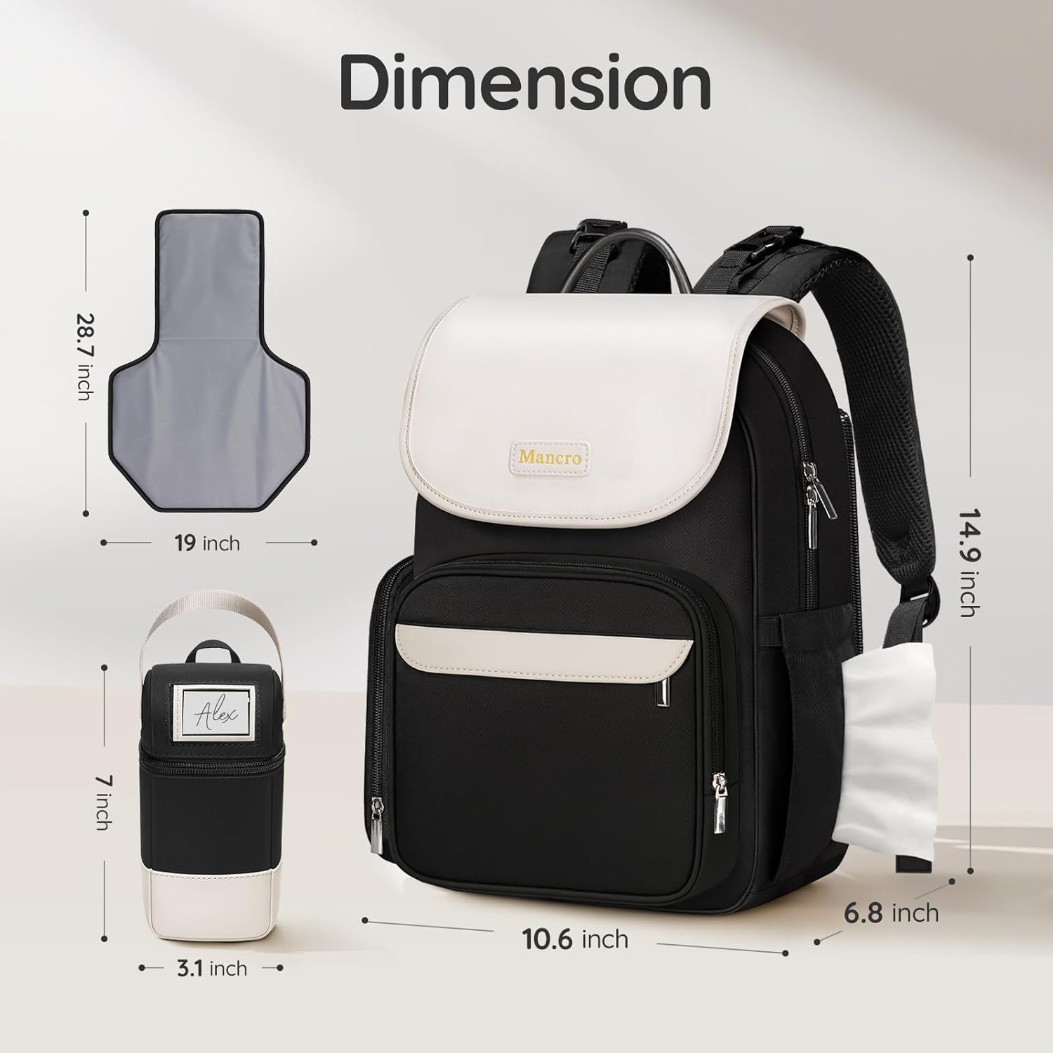 Mancro Small Diaper Bag Backpack with Changing Pad, Stylish Diaper Bag with Insulated Bottle Pocket, Water Resistant Baby Bags for Mom for Travel with Stroller Straps, Black-White
