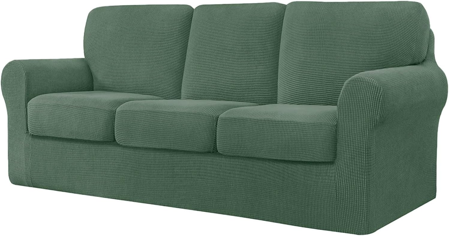 7 Piece Stretch Sofa Covers for 1Base Cover 3 Cushion Couch Cover and 3 Backrest Cover for Living Room Furniture Slipcovers Thicker Jacquard Fabric (Matcha Green)
