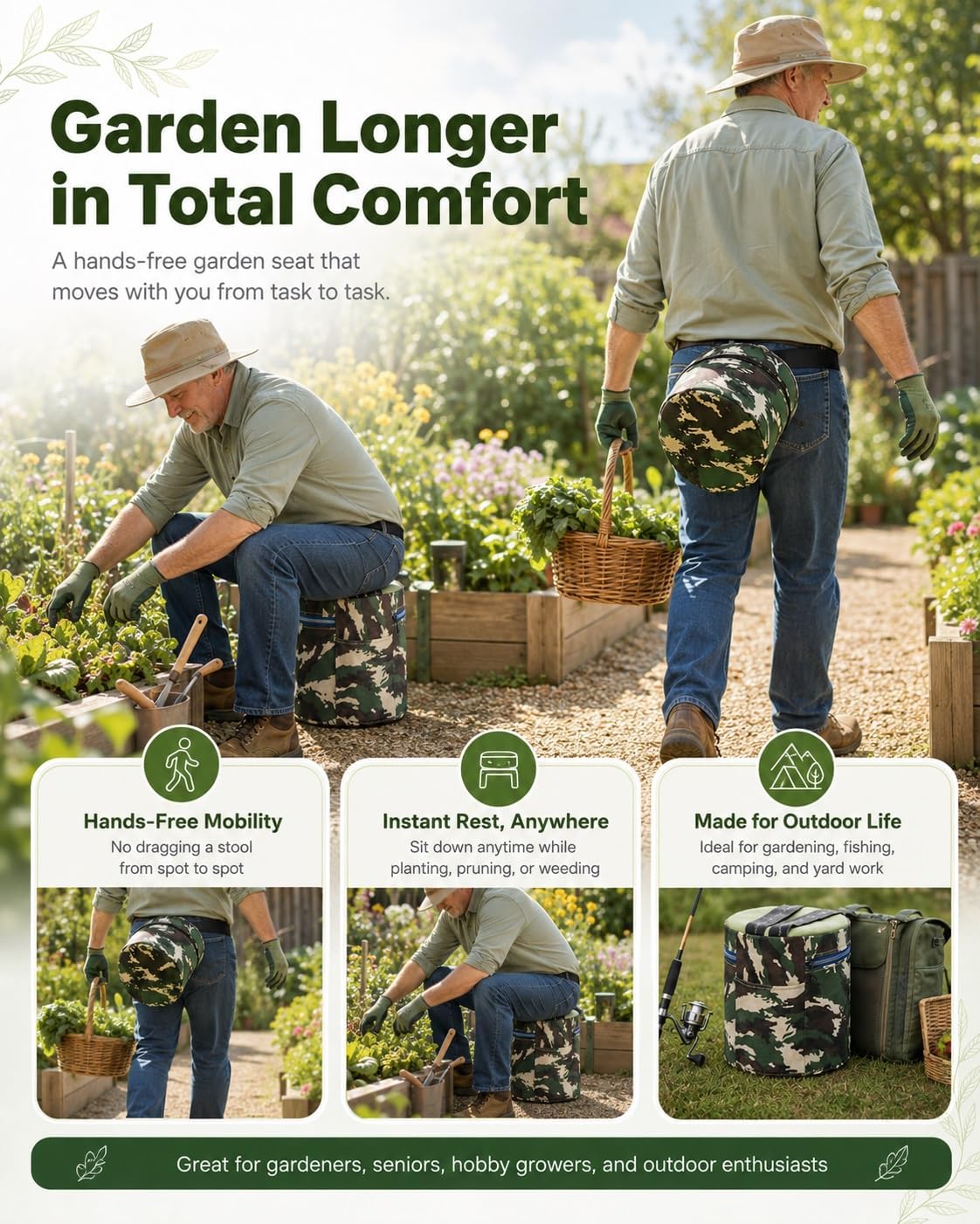 Wearable Gardening Stool Portable Garden Seat with Elastic Leg Strap image 4