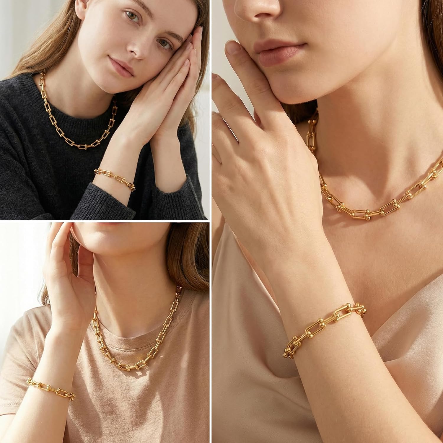 Gold Chunky Paperclip Necklace Bracelet for Women Fashion Cuban Statement Link Chain Jewelry Set - Image 5