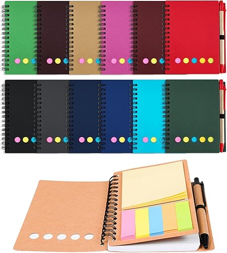 Kisdo Paquete de 12 cuadernos forrados en espiral de papel kraft con soporte para bolígrafo, notas adhesivas y pestañas de índice de color, marcador