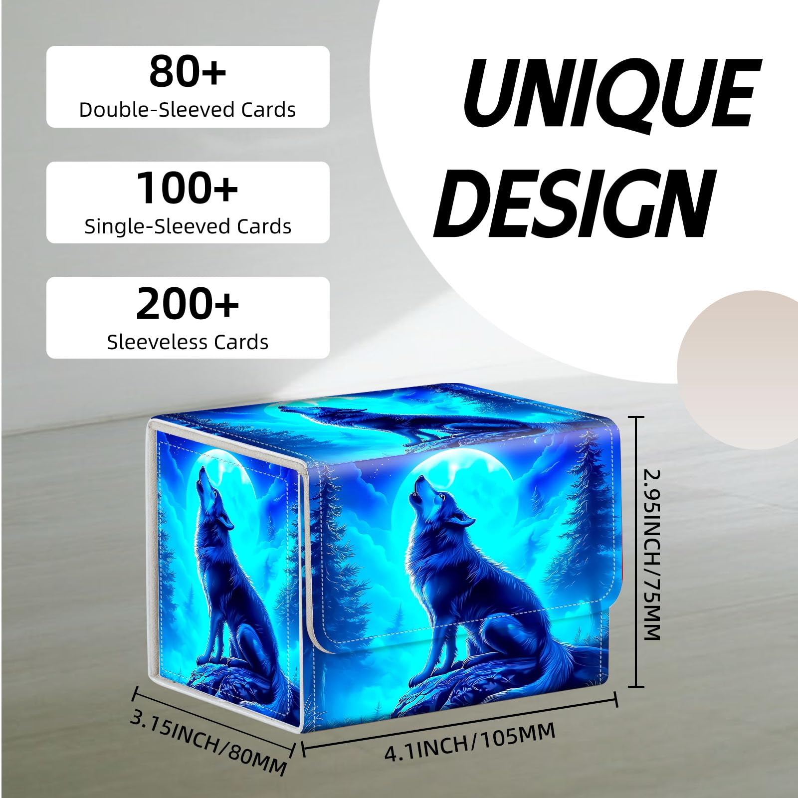 Caja de almacenamiento de tarjetas intercambiables, piel sintética de alta calidad con cierre magnético, capacidad para más de 100 tarjetas MTG, lobo aullando a Blue Moon, caja duradera