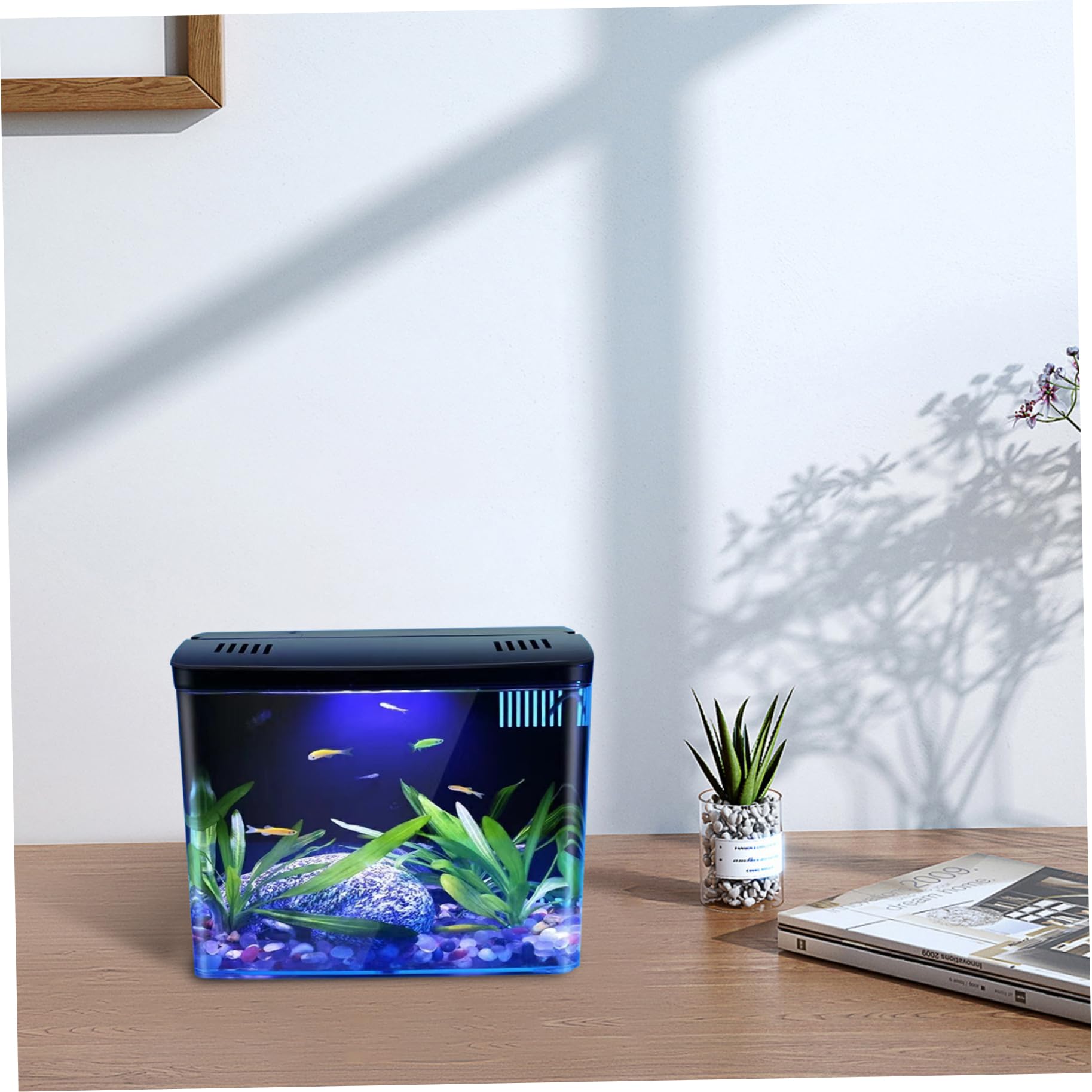 Acquario Da 1,3 Galloni Per Pesci Betta, Gamberetti E Rossi - Trasparente Con Filtro A 3 Strati, Luce LED, Autopulente - Decorazione Per La Casa - Nero