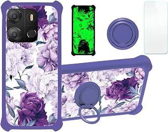 Case for Tecno POP 7 Case Compatible with Tecno POP 7 Phone Case Cover [with Tempered Glass Screen Protector][PC + TPU 2 in 1][Ring Support] [Luminous Effect] YGZ-ZSH