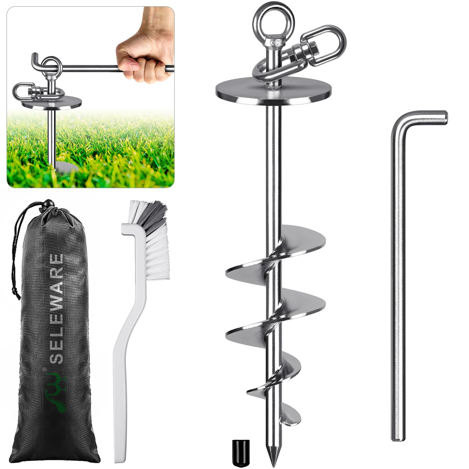 SELEWARE 17 Inch Dog Tie Out Stake, Rust Proof 360° Swivel Ground Anchor for Large Dogs up to 220 lbs, Heavy Duty No Tangle Dog Stake for Yard Beach Camping Outside and Use for Any Dog Tie Out Cable