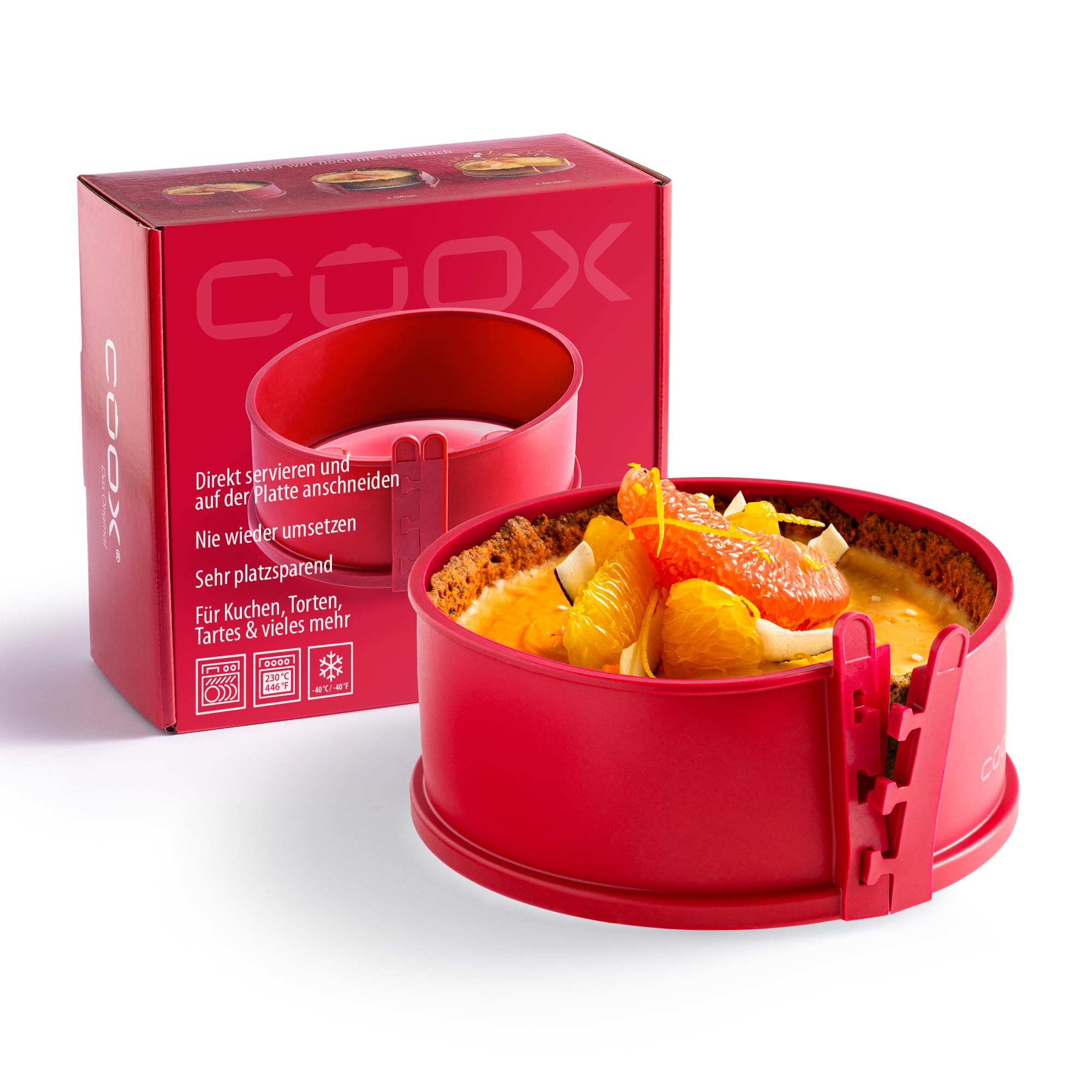 coox Tortownica ze szklanym talerzem do serwowania i szklanymi nóżkami Ø 18 cm – pieczenie i serwowanie w jednym, nieprzywierający silikon, nadaje się do mycia w zmywarce, nie zawiera BPA, czerwona