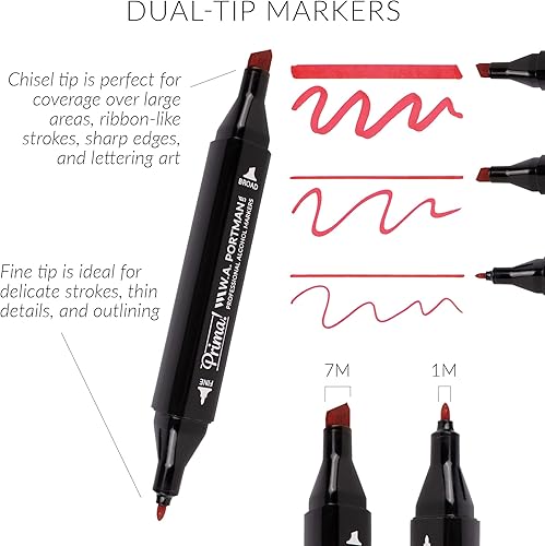 Miniatura 3 de WA Portman Prima - Juego de 60 marcadores profesionales de alcohol con cincel y punta fina de doble punta para artista, juego de marcadores