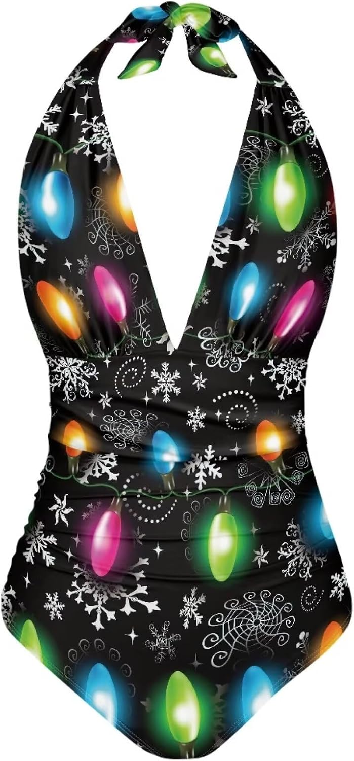 Women's One Piece Swimsuit Halter Plunge V Neck Tummy Control Ruched Bathing Suit Sexy High Waist Wrap High Cut Swimwear