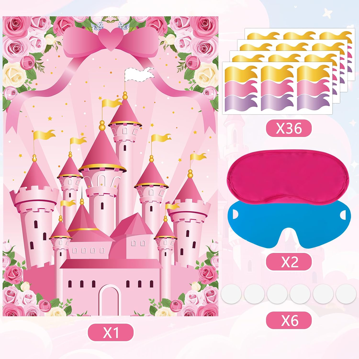 Hxezoc Princess Party Games for Kids Pin The Flag on The Castle with 36 Pcs Flag Stickers, Large Princess Games Set for Girls Kids Princess Tea Birthday Party Supplies