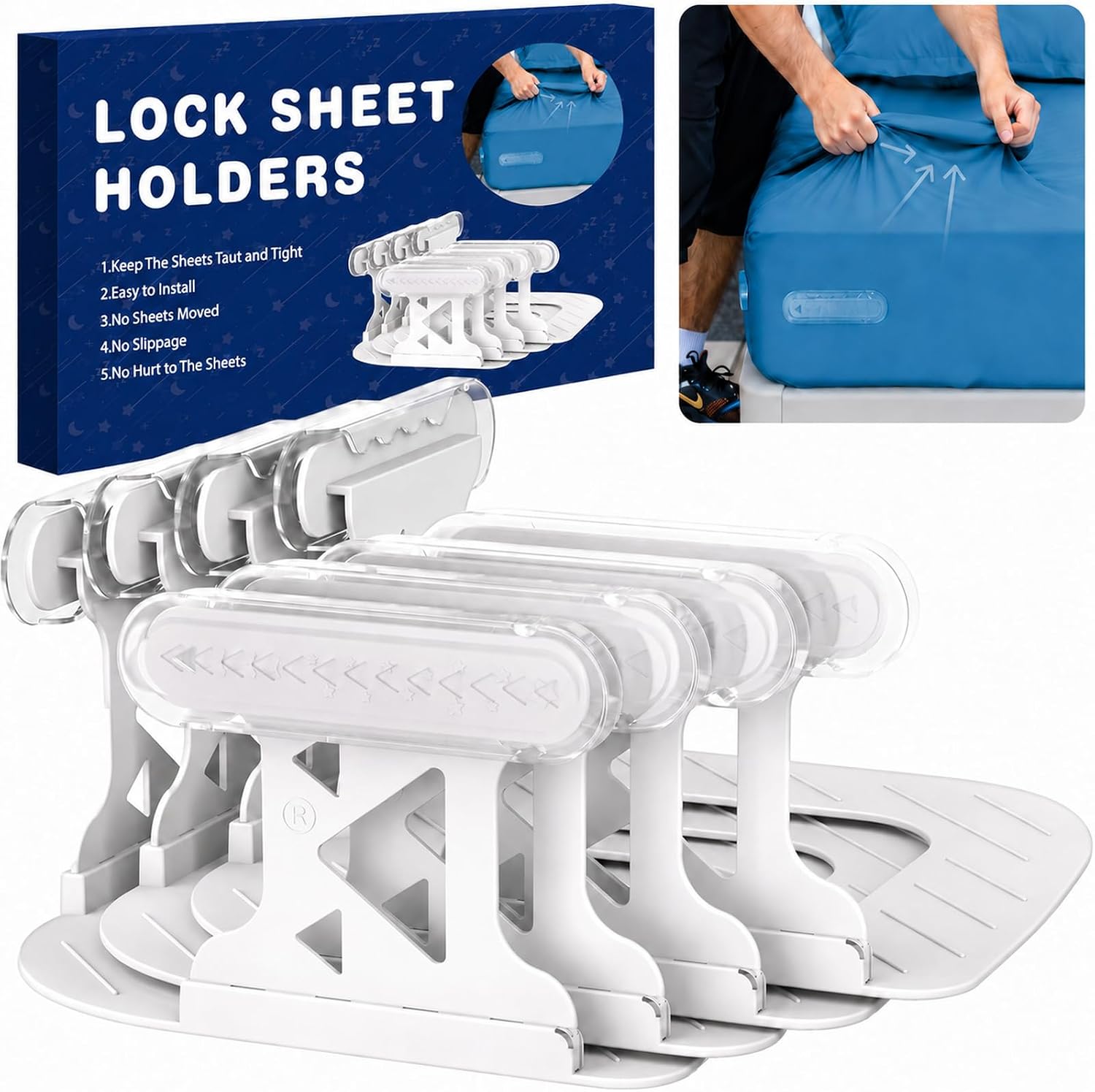 Bed Sheet Holders for Corners, Lock Sheet Holders, 4Pcs Fitted Sheet Holders Keep Sheets Firm & Tight,Durable Heavy Duty Bed Sheet Clips, Sheet Locks, Fit All Mattress Easy Install | Bed Sheet Holders for Corners, Lock Sheet Holders, 4Pcs Fitted Sheet Holders Keep Sheets Firm & Tight