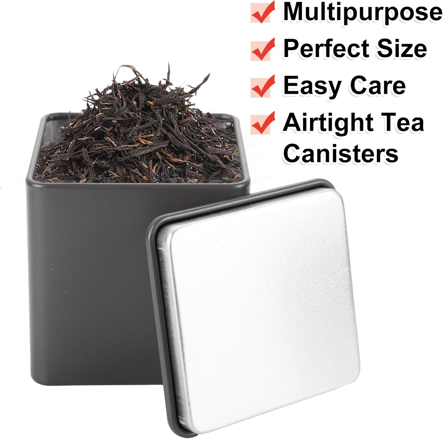 WOPPLXY 12 Pack Square Black Metal Tins, Small Tea Tin Canisters, 8 Oz Loose Leaf Tea Storage Containers with Airtight Lids, Square Tea Containers for Loose Teas, Herbs, Coffee, Cube Sugar