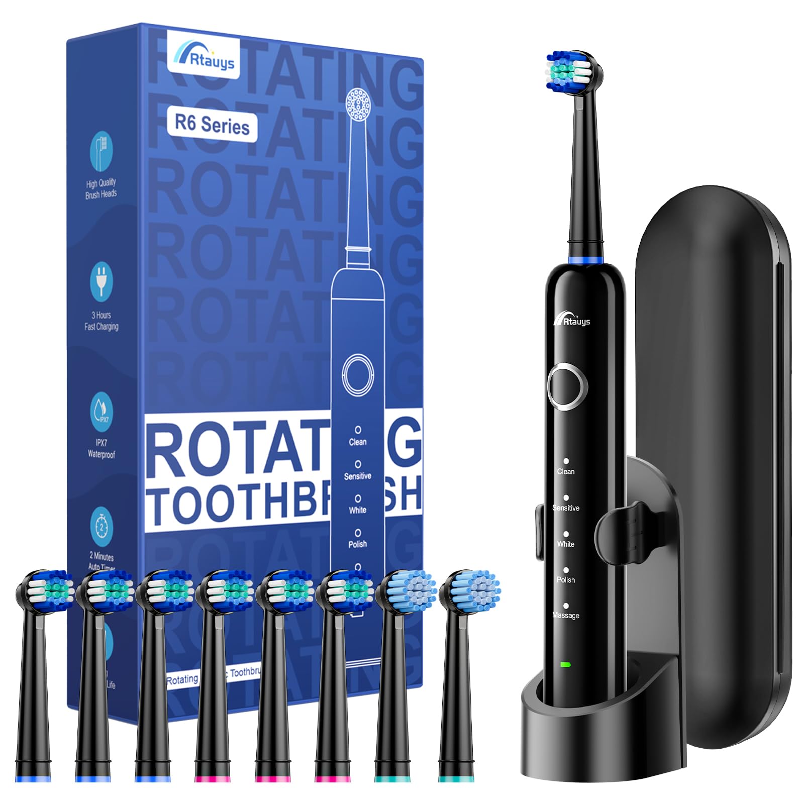Rtauys Rotating Electric Toothbrush for Adults with 8 Brush Heads 2 Types 5 Modes Rechargeable Power Toothbrush with