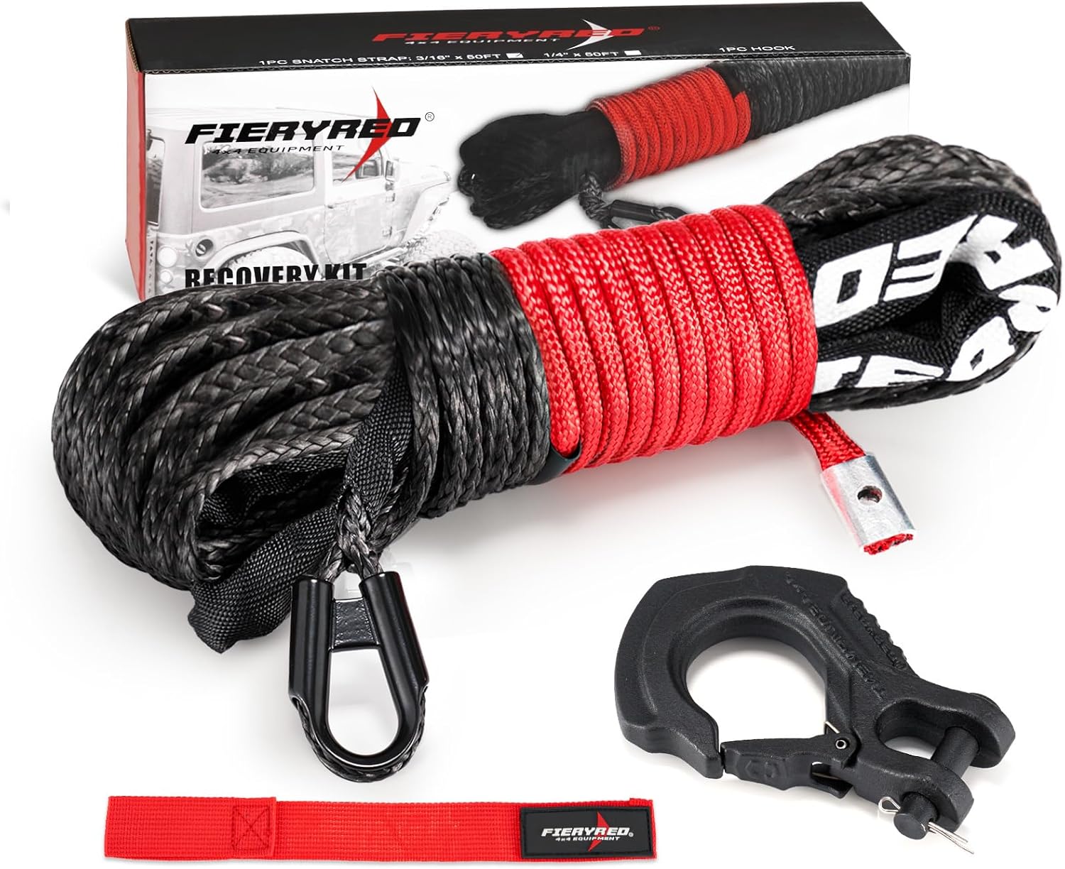 FIERYRED 3/16inch 50FT 8500LBS Synthetic Winch Rope Cable Kit with Forged Hook and Strap, Winch Line Replacement for 2000-3500LBS Winch Off-Road ATV UTV