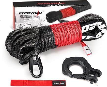 FIERYRED 1/4inch 50FT 9500LBS Synthetic Winch Rope Cable Kit with Forged Hook and Strap, Winch Line Replacement for 3500-6000LBS Winch Off-Road ATV UTV