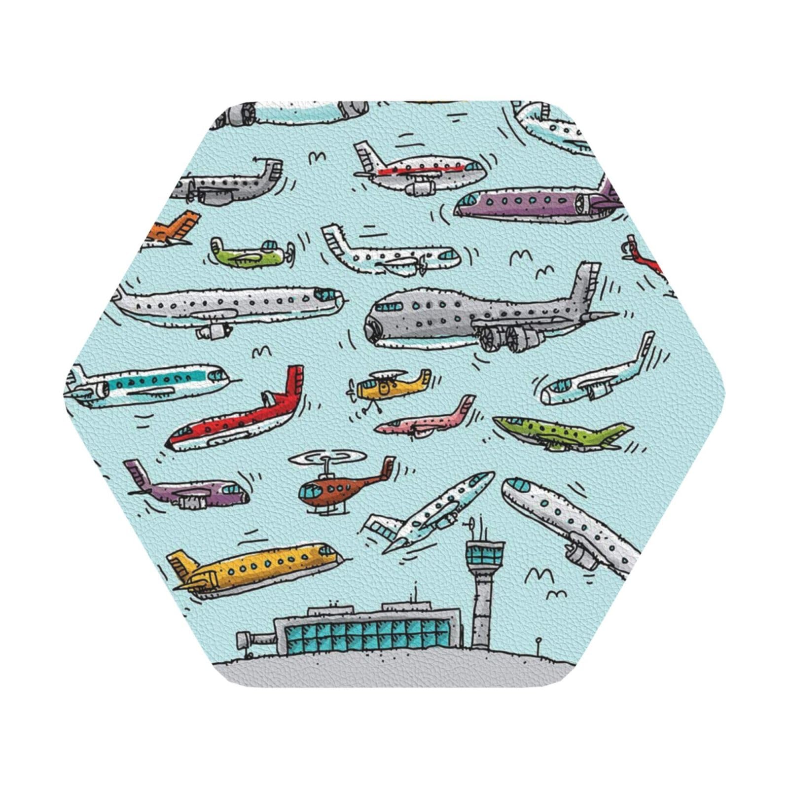 Cartoon Airplane PU Leather Coasters Set of 6 Hexagon Drink Coasters