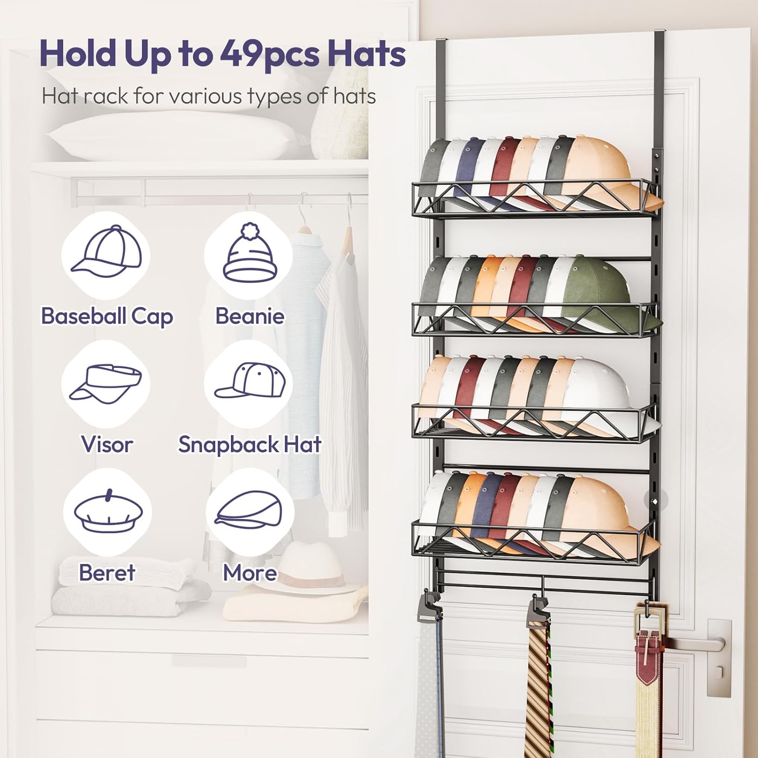 SWTYMIKI Over Door Hat Organizer - 5 Tier Wall Mounted Hat Rack with 4 Adjustable Metal Basket and 3 Hooks, Hanging Baseball Cap Organizer Storage Holds up to 49 Caps for Door, Bedroom, Closet