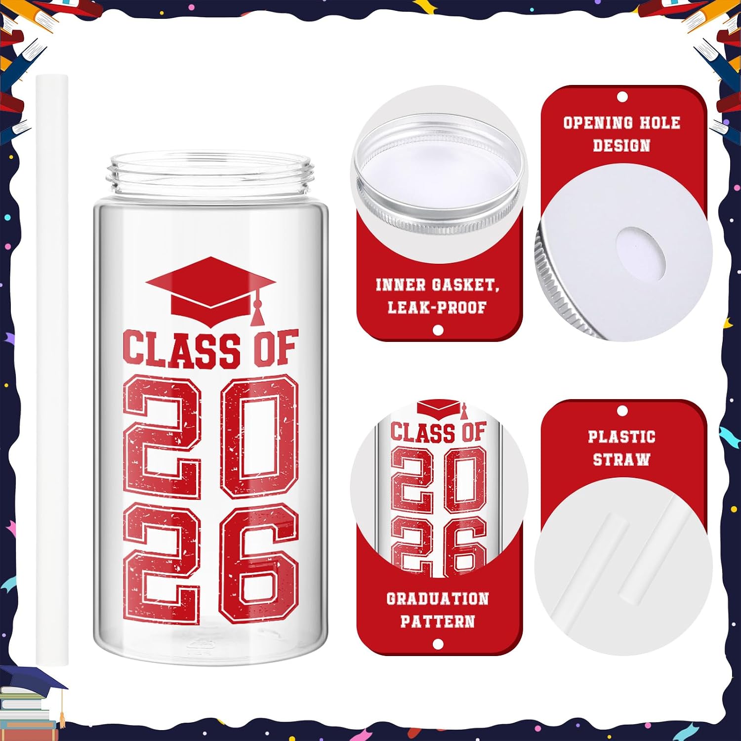 Skylety 2026 Graduation Cups Bulk with Lid and Straw 12 oz Class of 2026 Plastic Mason Jar Tumbler Reusable Coffee Tea Cup for Graduation Gift Grad Party Favor Decoration(Red)