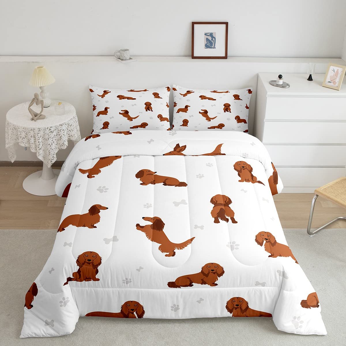 Homemissing Cartoon Dog Kids Bedding Set Kawaii Sausage dog Down Comforter For Boys Dachshund Comforter Set Puppy Dog Duvet Insert/Quilt Set Single Size