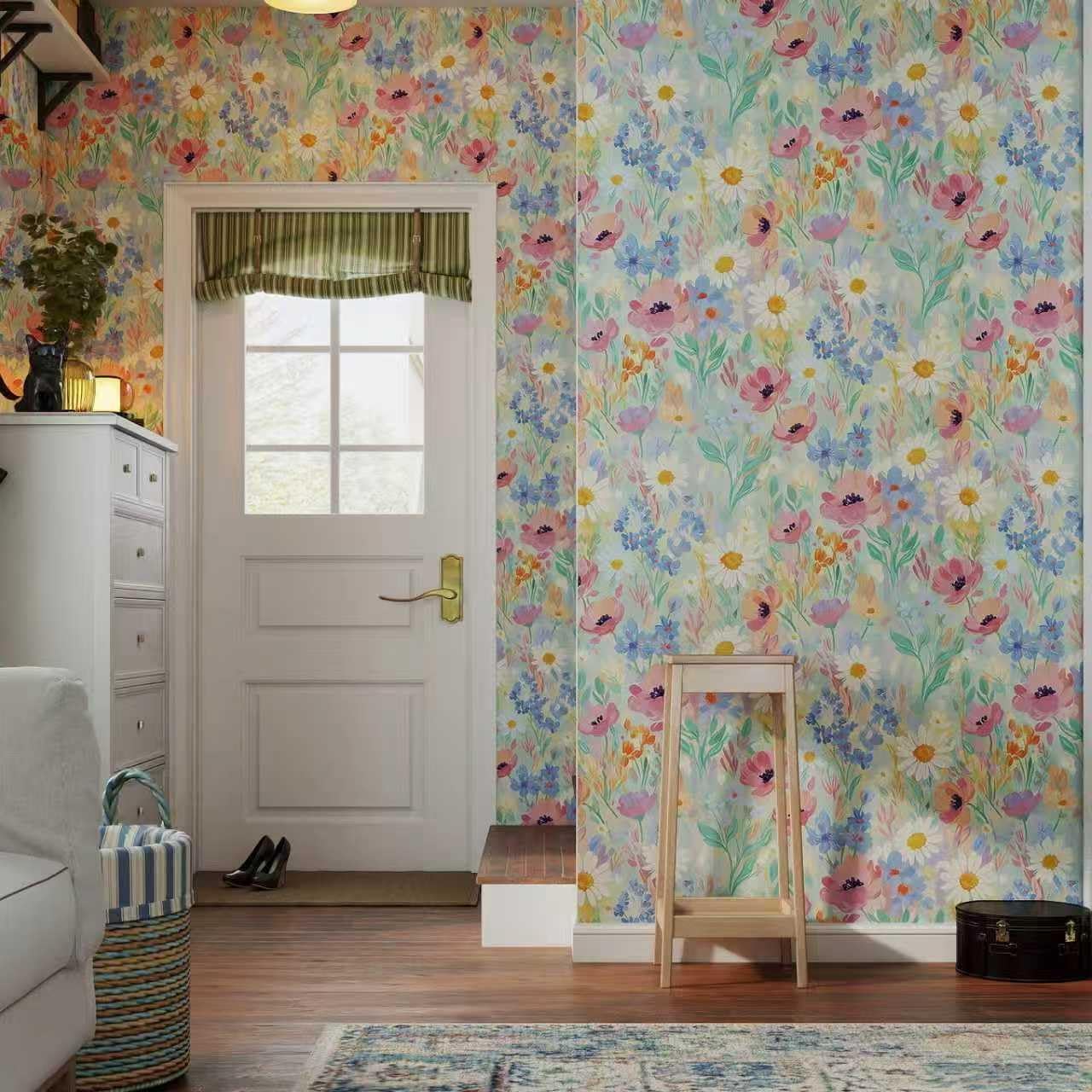 17.7" x 197" Floral Wallpaper Peel and Stick Boho Wall Paper Vintage Removable Waterproof Green Leaf Pattern Contact Paper for Cabinets Bedroom Wall Decorative