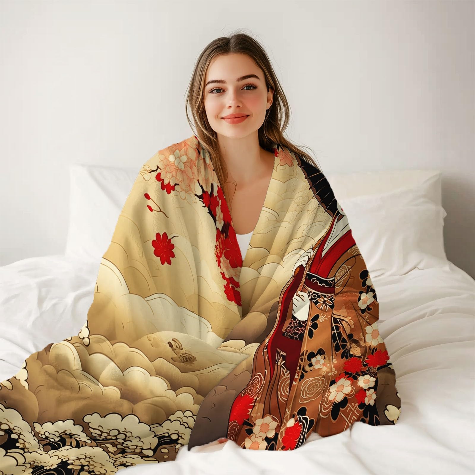 Tradycyjny japoński Dziewczyna Koc z polaru flanelowego 150 x 200 cm - Pomarańczowy Różowy Ciepły i Miękki Kratka Z Nadrukiem, Dekoracyjny Na Sofę, Fotel i Narzuty