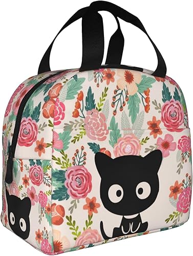 Miniatura 2 de Bolsa de almuerzo con diseño de flores de gato negro para hombres y mujeres, pequeña lonchera aislada, reutilizable, portátil, bolsas de mano para