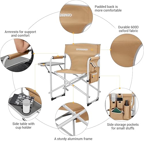 Miniatura 6 de FUNDANGO Silla de director de camping de aluminio con reposabrazos, portátil, ligera, plegable, para acampar al aire libre, con mesa auxiliar y