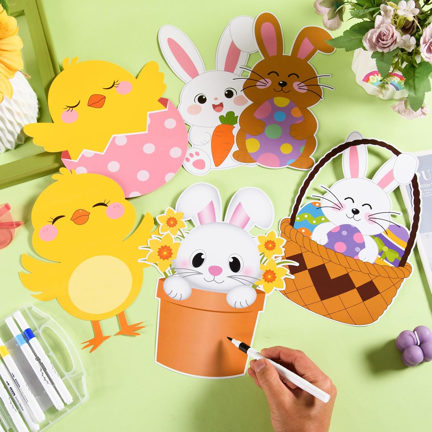 MoDooris 12 PCS 9.8 Inch Easter Cutouts Large Spring Bulletin Board Decor Bunny Chicks Paper Cardboard Cutouts Double-Sided Easter Wall Cutout with Glue Points for Home Classroom Easter Party Supplies image 4
