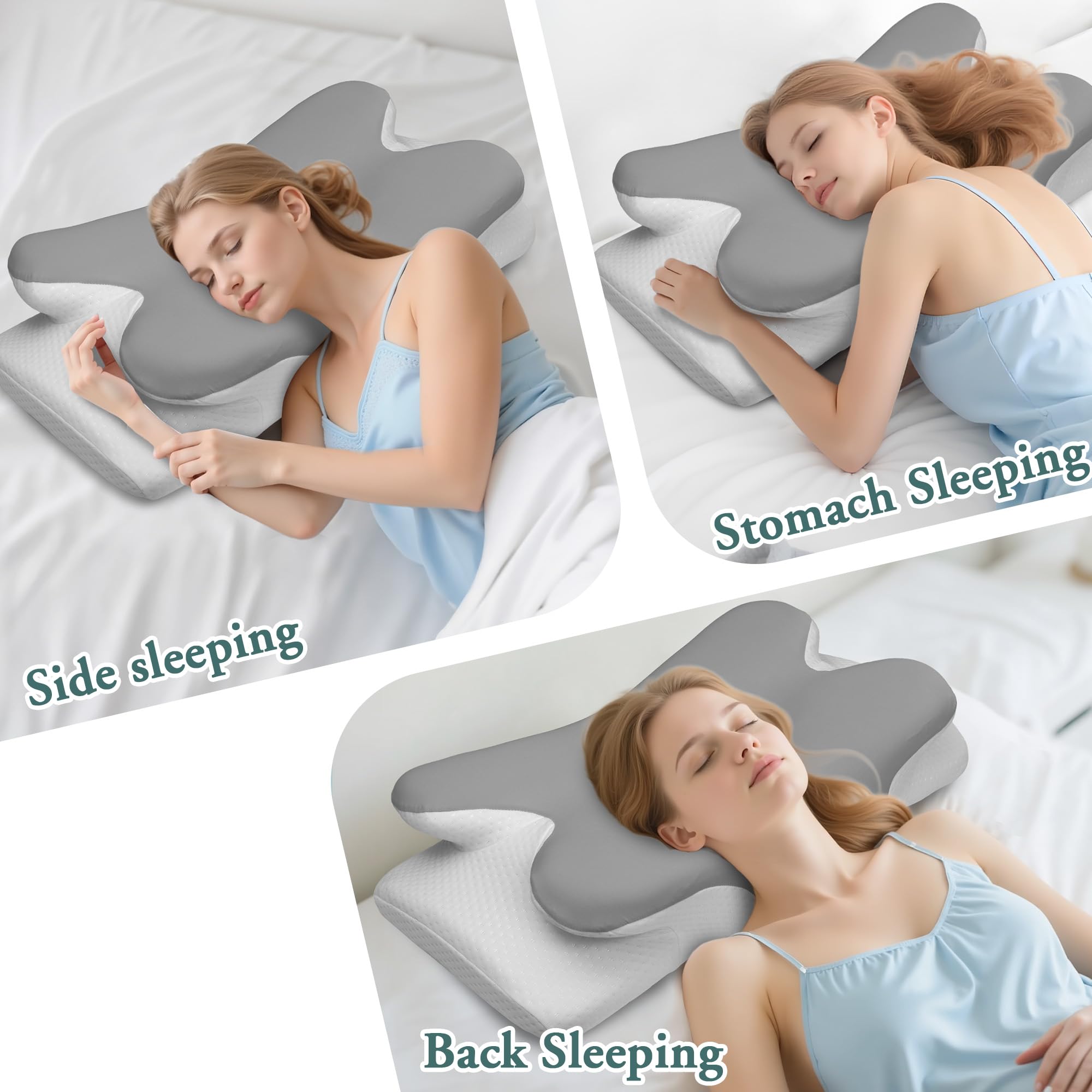 Oreiller Ergonomique Cervical Oreiller Memoire Forme pour la Nuque,pour Dormir sur Le côté,Le Dos et Le Ventre(Gris Clair Quatre Coins)