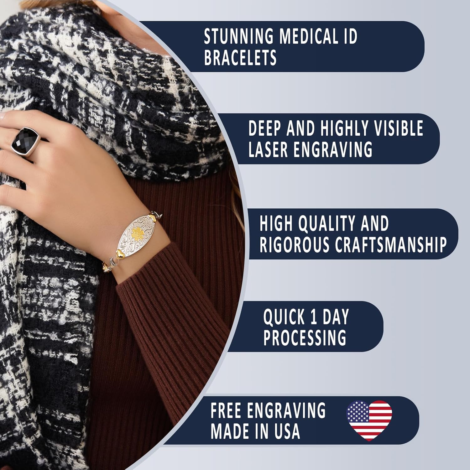 Divoti Custom Medical Alert Bracelet for Women – Elegant Stainless Steel ID Jewelry – Free 6-Line Personalized Engraving – Fits 6.25 to 8.75" – Emergency MedicAlert for Diabetes, Blood Thinner, Pacemaker & Fall Risk | Style
