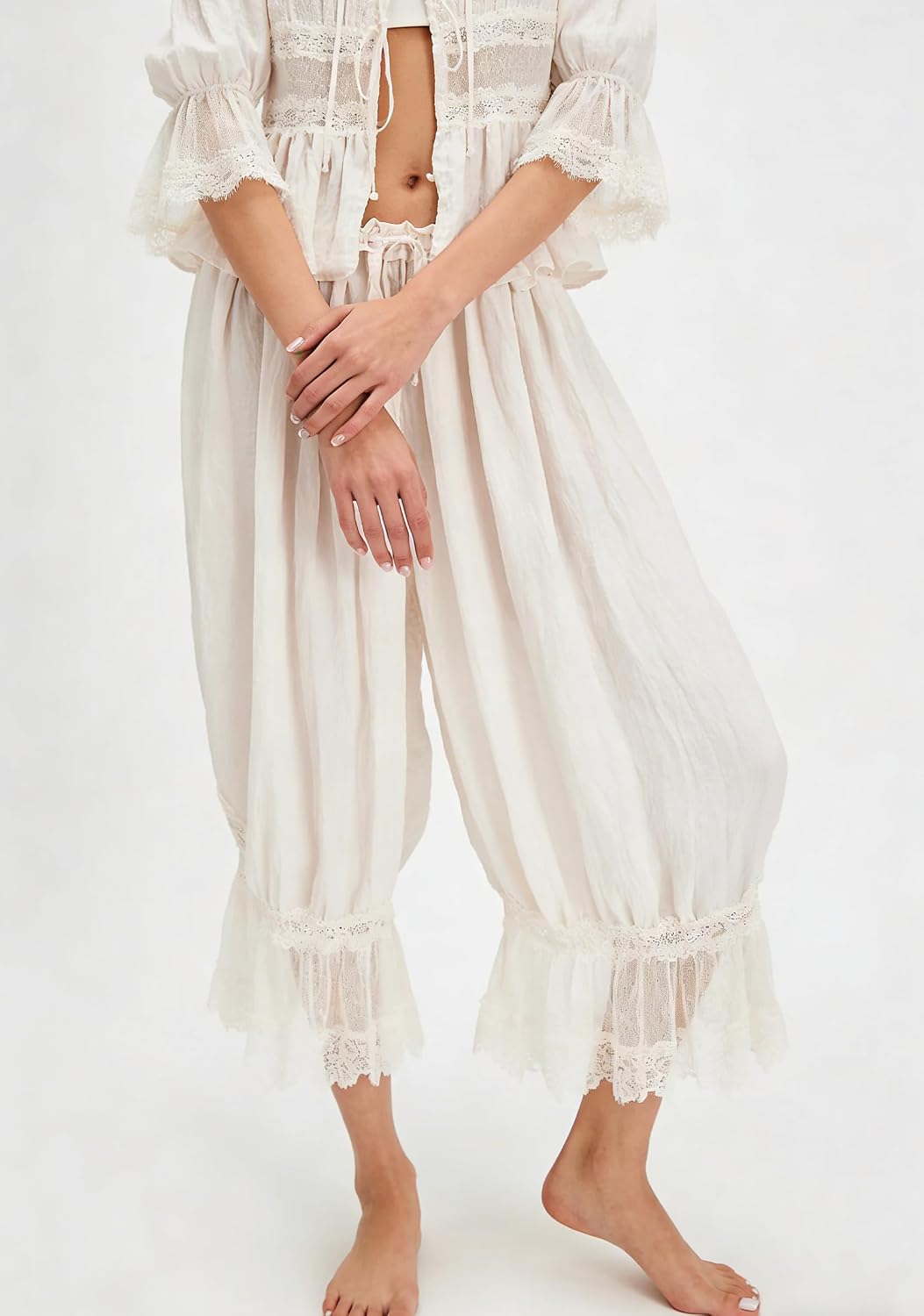 NUFIWI Women Ruffle Long Bloomer Y2k Lace Trim Pettipants Pantaloons Mid Rise Cropped Pajama Pants Under Dress Slips