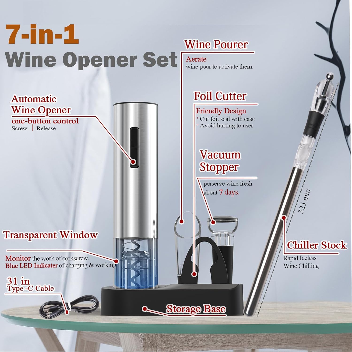 Rechargeable Electric Wine Opener Set with 3-in-1 Stainless Steel Bottle Cooler - Automatic Corkscrew, Wine Chiller，Vacuum Sealer, Foil Cutter, Pourer, Cool your wine for its flavor,Valentine gift