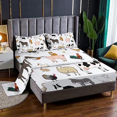 BailiPromise Lindas sábanas de animales para niños, tamaño individual, caricatura, caballo, vaca, oveja, cerdo, juego de ropa de cama para niñas y