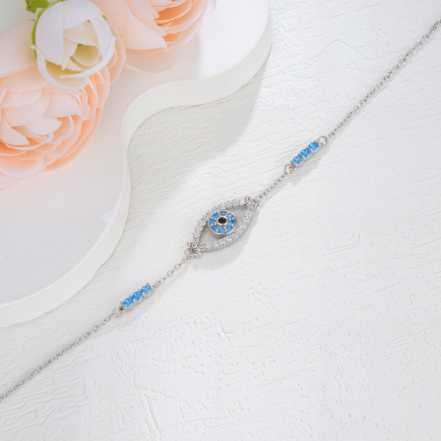 PEIMKO Evil Eye Bracelet for Women 925 Sterling Silver Turkish Blue Evil Eye Bracelet with Cross Chain Birthday Jewelry Gifts