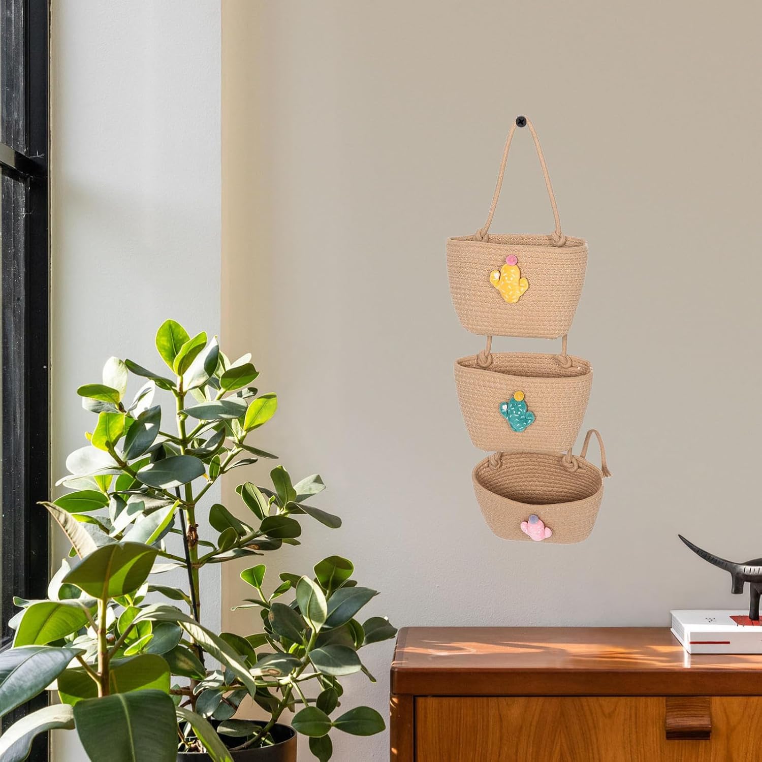 3-tier Hanging Storage Basket with Large Capacity Cotton Rope Boho Wall Mounted Organizer for Entryways and Home, Decorative Hanging Basket with Ample Storage Space