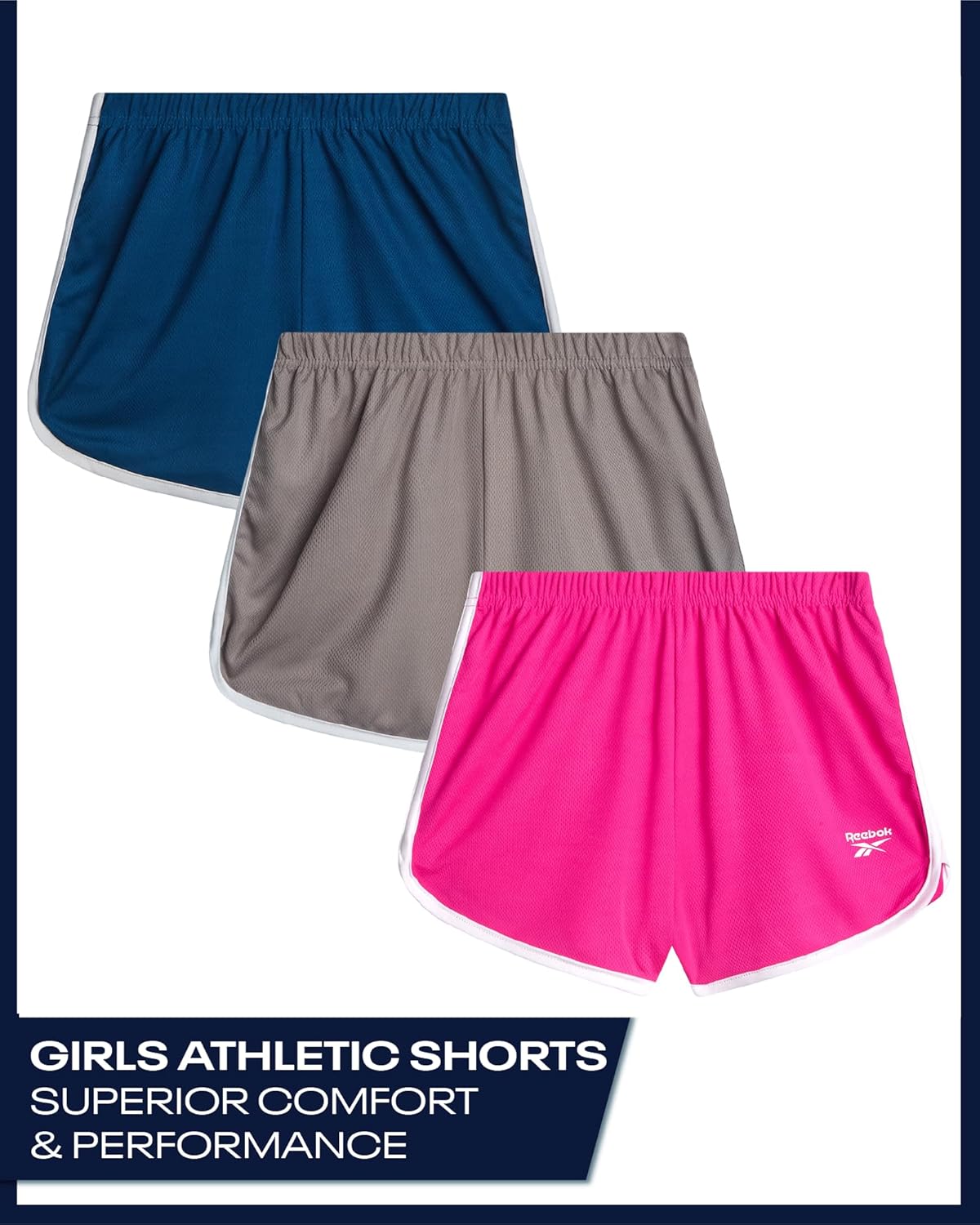 Reebok Girls Athletic Shorts - 3 Pack Active Performance Lightweight Mesh Dolphin Girls Shorts for Running Soccer Gym (7-12) - Image 2