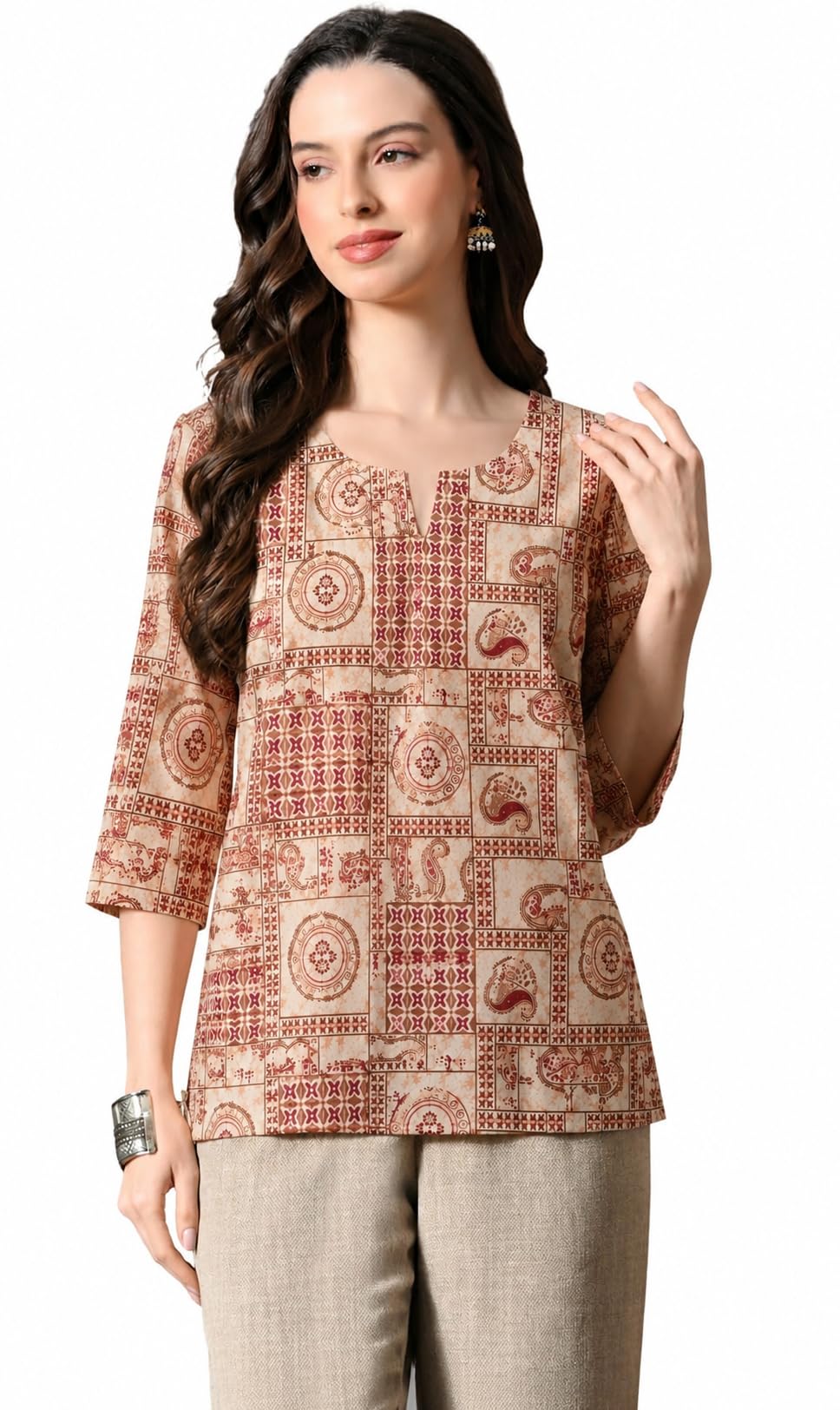 Women's 100% Cotton Ethnic Printed Short Kurti | 3/4 Sleeve V-Neck Casual Cotton Top for Daily & Office Wear (Beige/Rust Orange) (in, Alpha, 2XL)-picture-13
