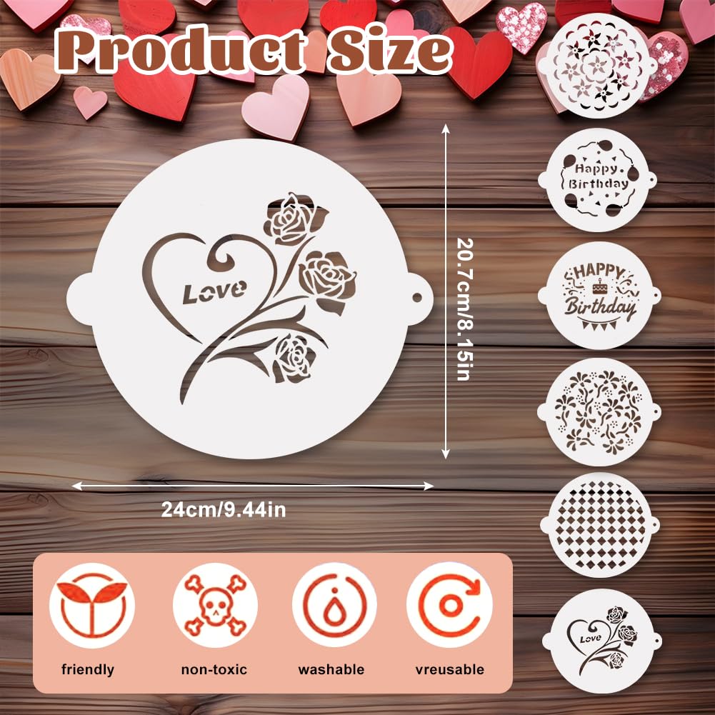5 Stencil Decorativi Per Torte - Motivi Fiori, Cuori, Stelle, Natale E Buon Compleanno - Riutilizzabili E Lavabili - Diametro 20cm - Foto 3