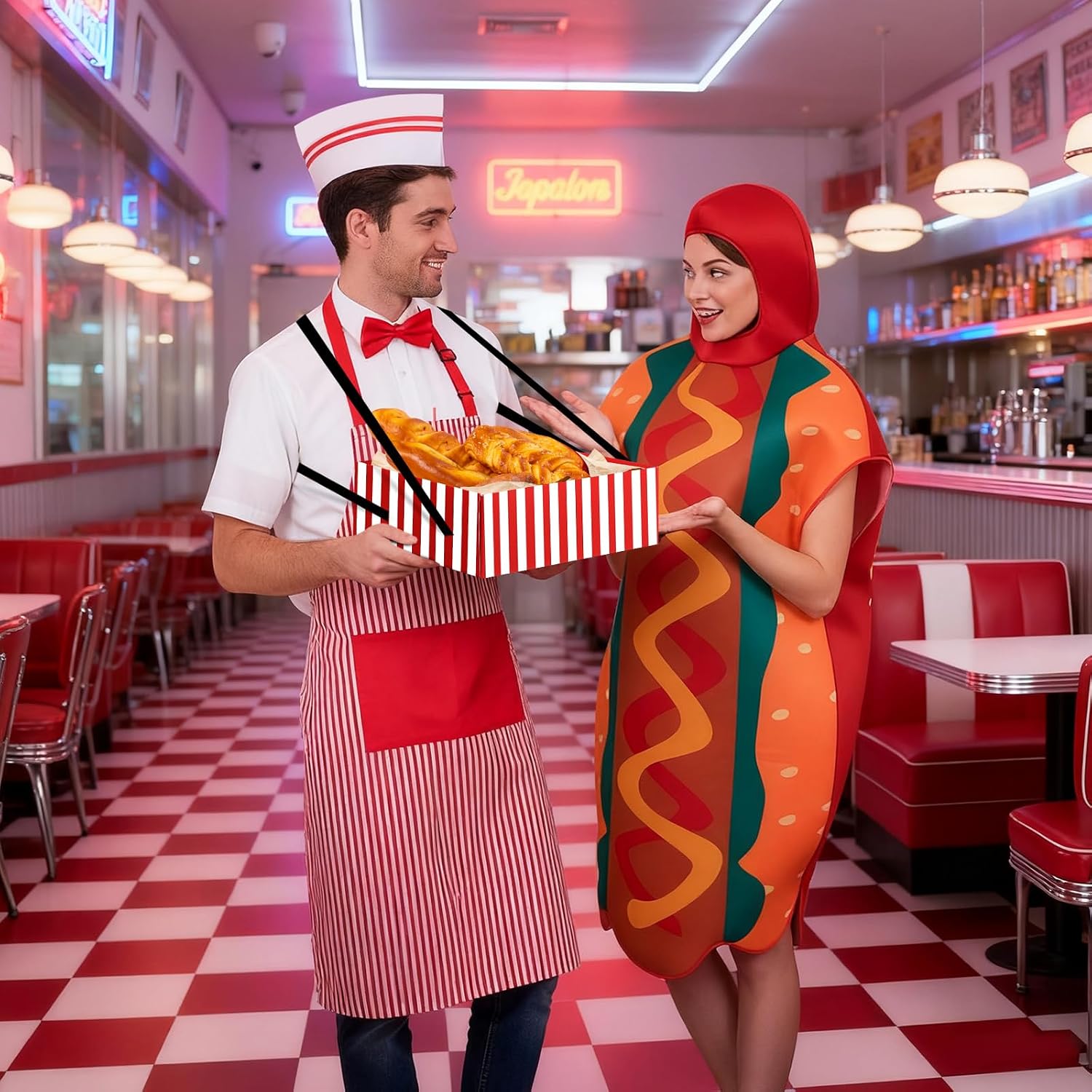 SATINIOR 5 Pcs Halloween Hot Dog Costume Adult Carnival Circus Costume Popcorn Waiter Soda Jerk Couple Outfit Hat Bow Ties Snack Tray for 1950s Movie Night Party Cosplay