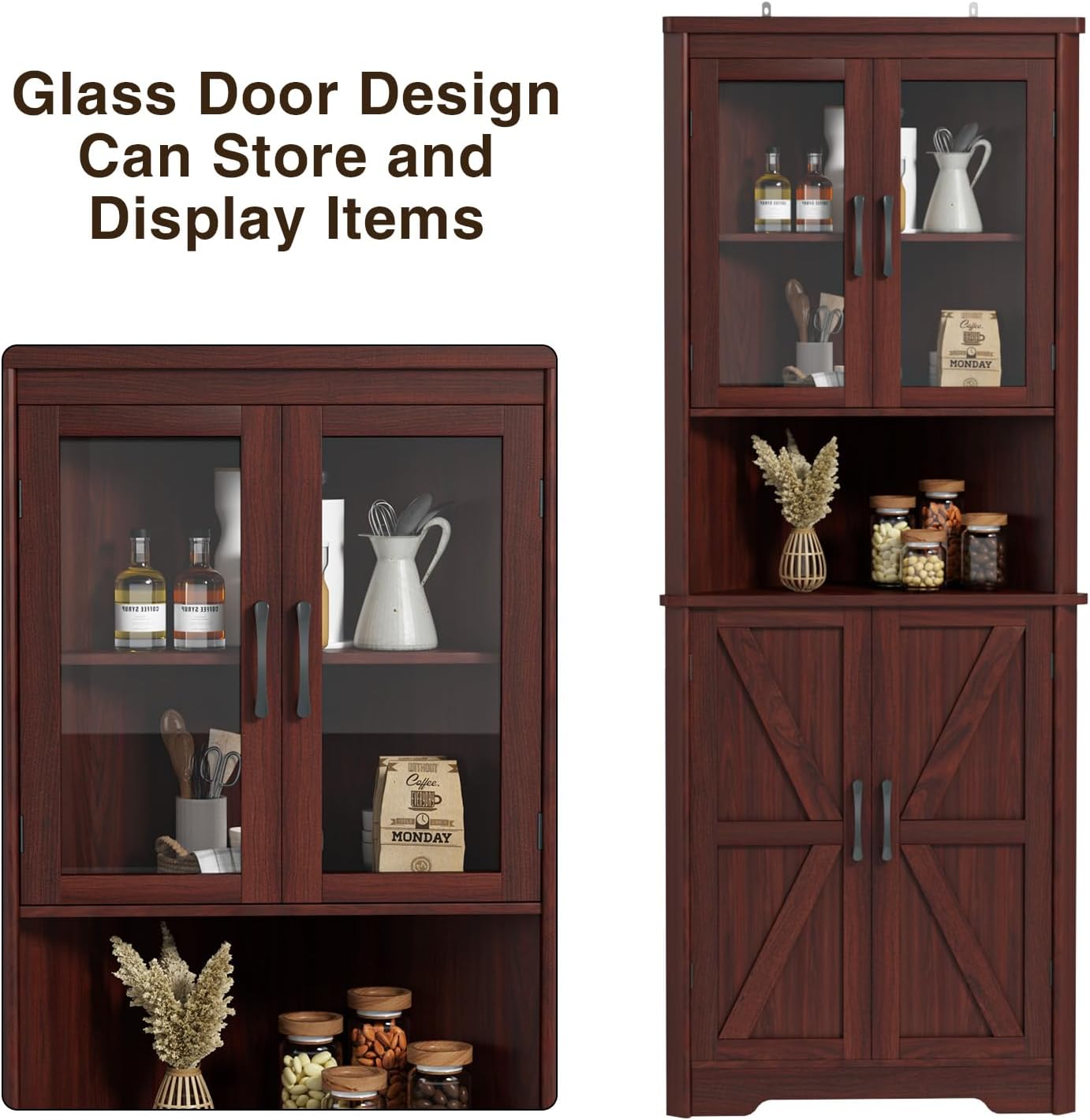 Close-up image of the upper section of the FiveWillowise corner cabinet, highlighting the tempered glass doors and items displayed on the shelves.