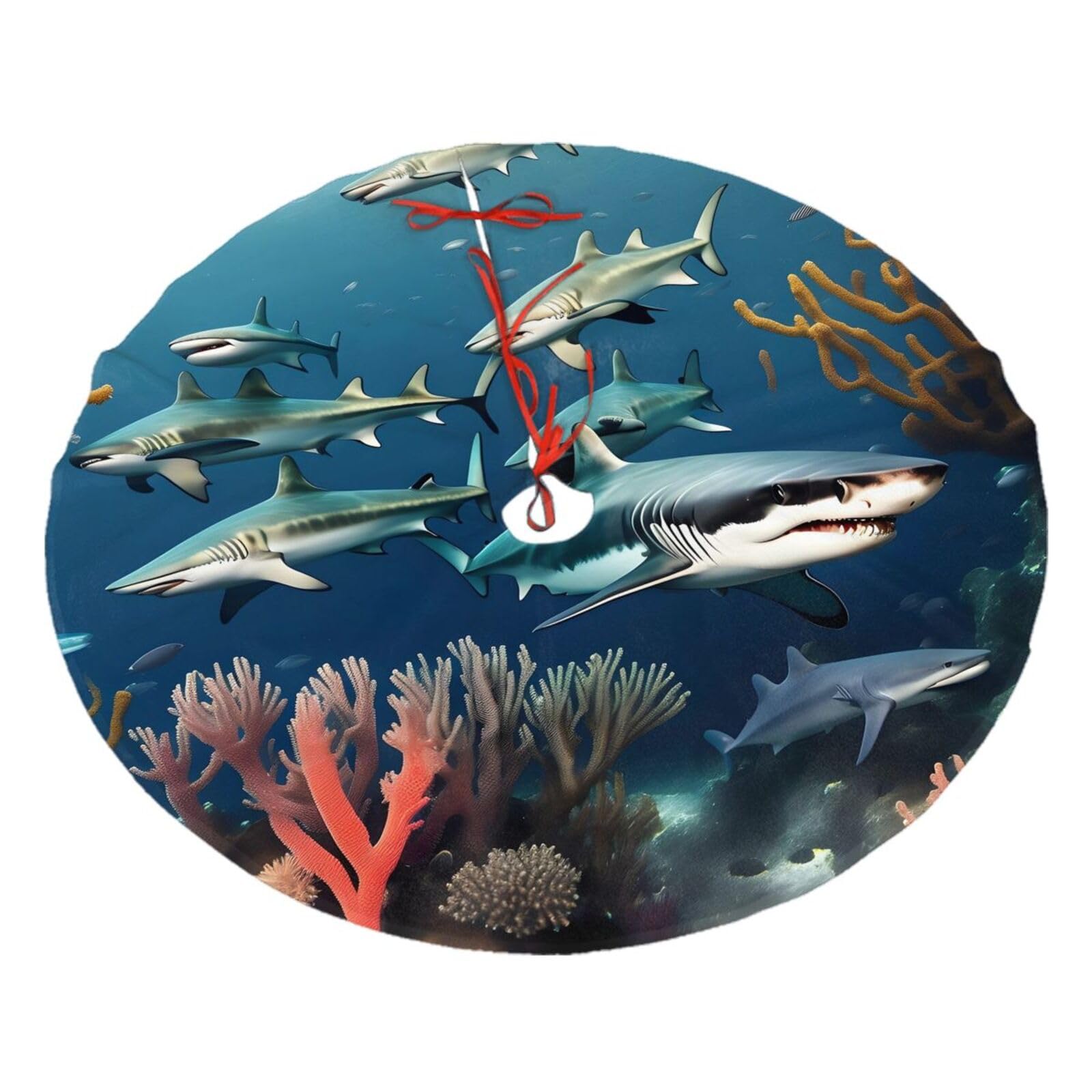 Sharks Under The sea Printed Christmas Tree Skirt Christmas Plush Tree Skirt 36 inches (about91 cm) ChristmasIndoor and Outdoor