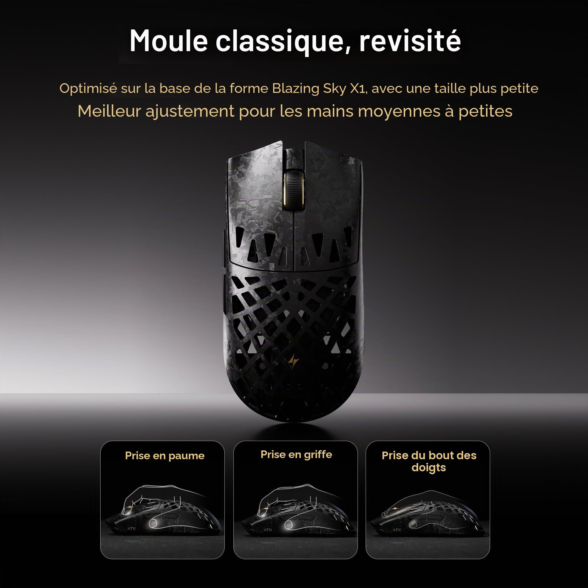 ATK Blazing Sky Ghost Souris de jeu sans fil creuse en fibre de carbone, capteur ultra PAW3950, Nordic 54H20, 8 K, 48 g, double mode 2,4 G/filaire
