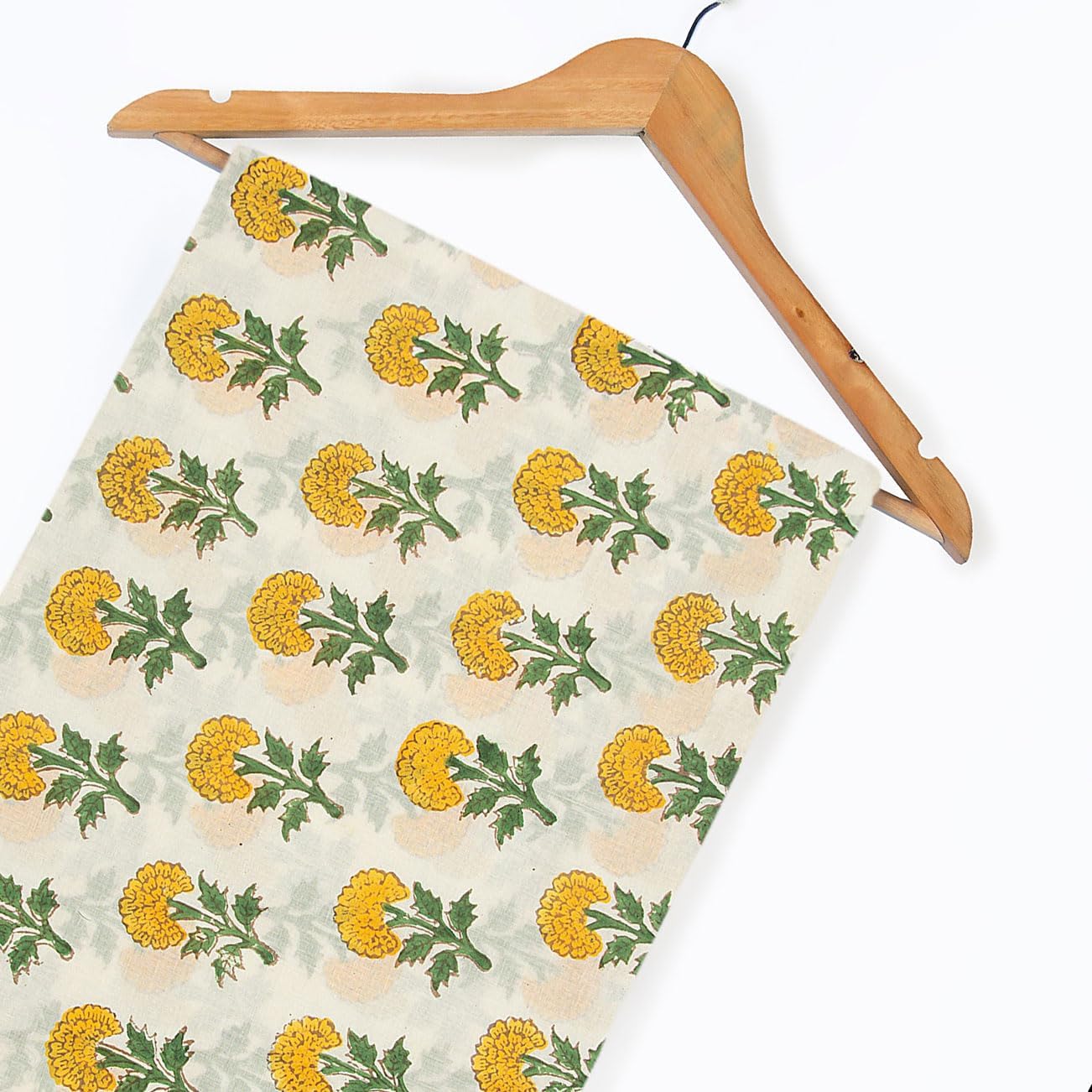 Hand Block Printed Cotton Fabric by The Yard - 100% Pure Cotton 5 Yard Pre Cut Yellow & Green Floral Pattern 44" Width Machine Washable Handmade Bohemian Style Uses for Sewing & DIY Dress