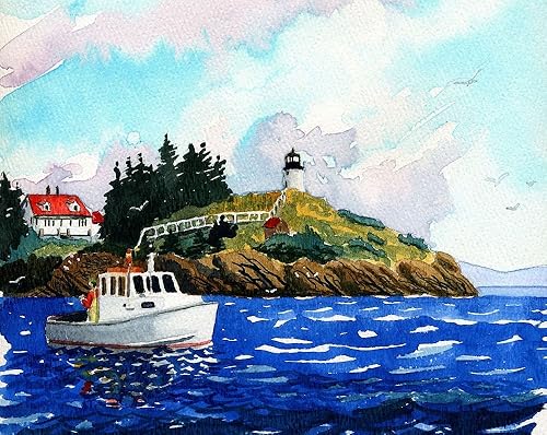 Owls Head Lighthouse, Penobscot Bay, Maine. Impresiones artísticas de acuarela mate (8 x 10)