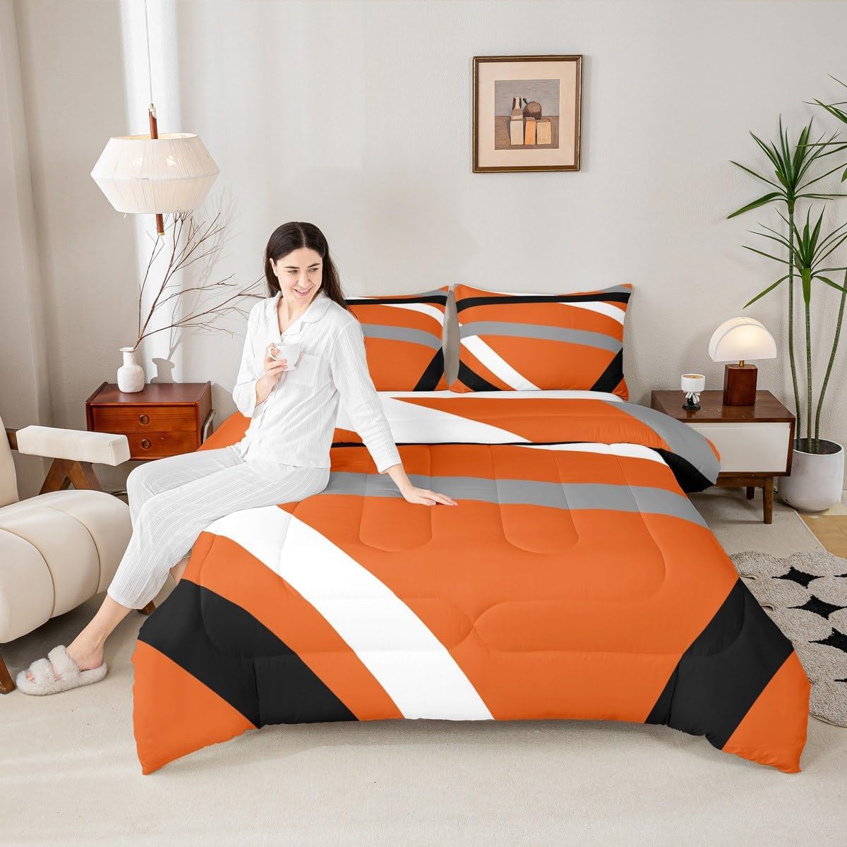 Erosebridal Orange Gray Black Striped Queen Comforter Set for Adult Women Men Modern Abstract Bedding Set Geometric Lines Bed Set Aesthetic Boho Quilt Set - Image 3