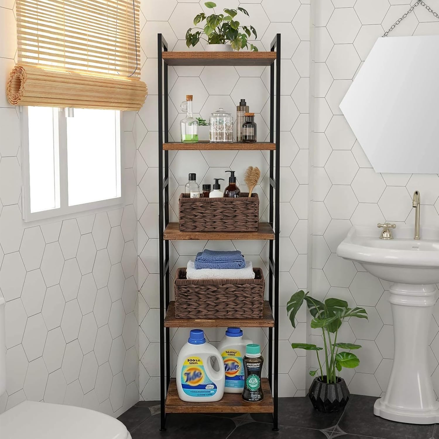 Wicker Storage Basket for Shelves, Rectangular Woven Organizer Bin for Bathroom, Pantry & Countertop, Waterproof Faux Rattan Storage Basket (Brown, L+S)